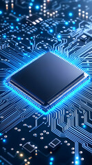 Close-up of a glowing central processing unit on a circuit board
