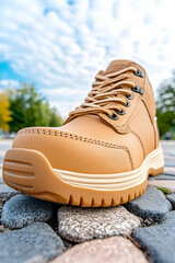 Close-up of a light tan leather outdoor boot on cobblestones