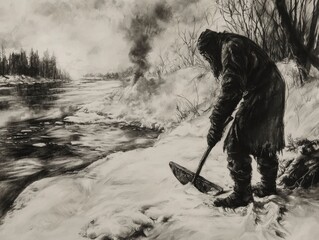 A lone figure shovels snow near a frigid river, smoke rising in the cold air, creating a somber winter landscape.