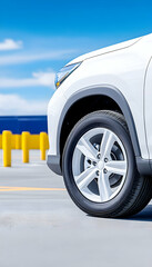 Close-up of a white SUV's wheel and fender, parked outdoors on a bright day