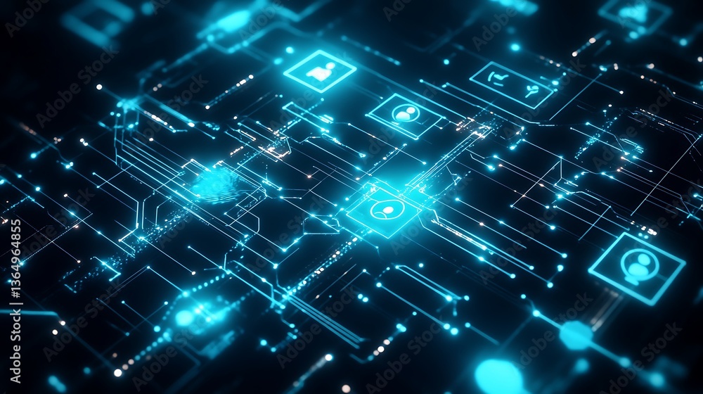 Aufkleber businessman touching virtual ai bot interface with digital network, binary code, stock market graph,