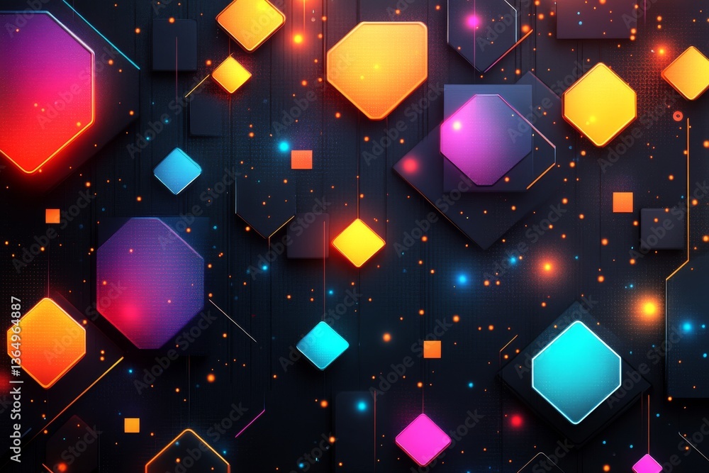 Poster a modern abstract setting with geometric shapes highlighted by vivid neon colors. the interplay of b