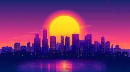 Naklejka premium A spectacular view of a futuristic city skyline, glowing with vibrant lights against the night, showcasing the beauty of modern architecture and the vibrancy of urban life