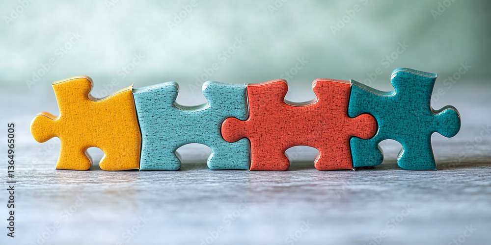 Poster Four colorful puzzle pieces interlocked, showcasing teamwork, collaboration, and problem-solving concepts.  Represents connection and unity
