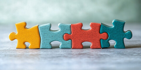 Four colorful puzzle pieces interlocked, showcasing teamwork, collaboration, and problem-solving concepts.  Represents connection and unity
