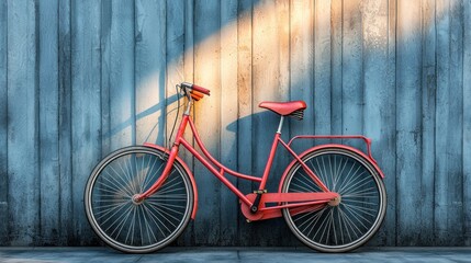 Red bicycle leaning against a weathered wall