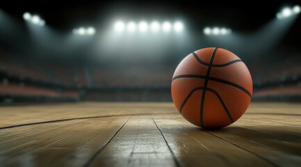 A basketball on the wooden floor of an empty stadium under a spotlight
