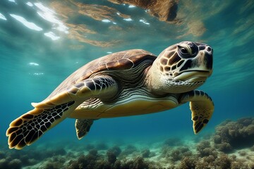 Fototapeta premium A Majestic Large Turtle Gracefully Swimming in the Clear Blue Ocean. Generative AI