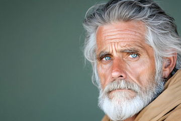 Close-up portrait of a senior man with long gray hair and beard, intense blue eyes, and weathered face