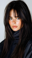 Close-up portrait of a young woman with long, dark hair and bangs, wearing a dark jacket against a light gray background