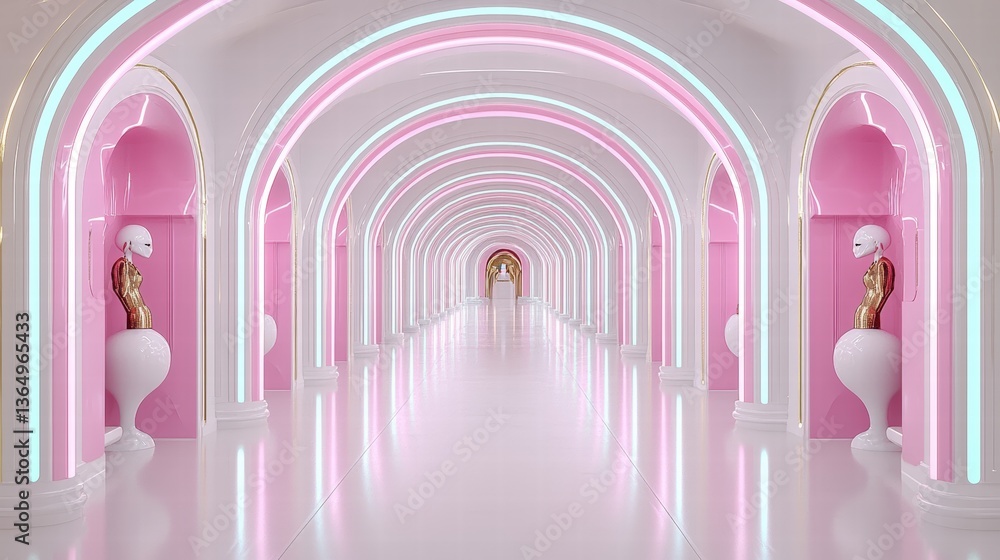 Poster long corridor with pink walls and white columns creating a unique architectural perspective and styl