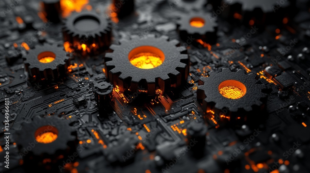 Poster an up-close look at a detailed circuit board adorned with vivid orange patterns and components, emph