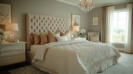 A beautifully decorated bedroom with a large upholstered headboard