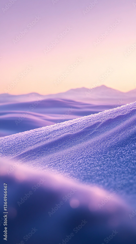 Poster close-up of purple snow texture, showing subtle ripples and icy crystals, creating a serene and cold