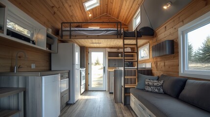 Modern Tiny Home Interior, Sunlight, Open Kitchen, Relaxed Atmosphere, Suitable for Vacation Rental