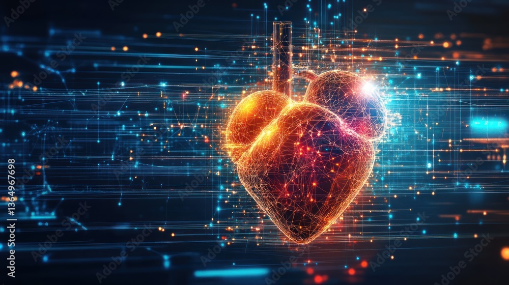 Poster futuristic human heart represented in a digital network with interconnected nodes and glowing lines 