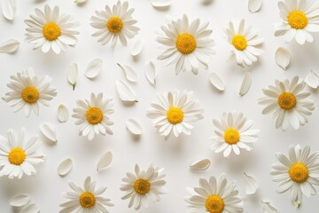 Fototapeta premium White Daisies on a White Background with Flower Petals Scattered