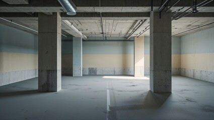 Obraz premium Abandoned concrete structure with empty parking area and pillars