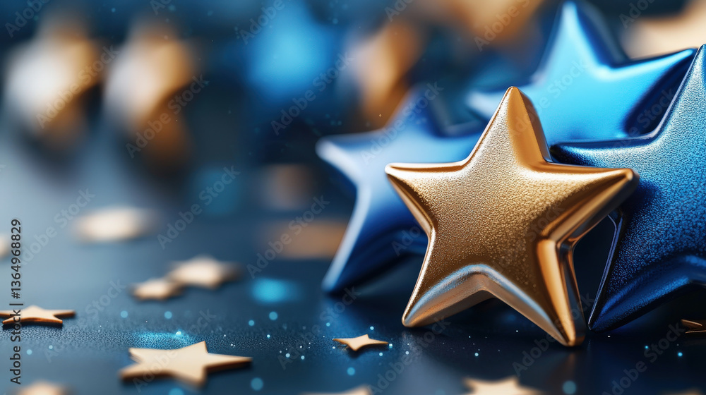 Fototapete close up of shiny blue and gold stars scattered on dark surface, creating vibrant and festive atmosp