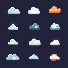Obraz premium Diverse cloud illustrations in various colors like blue, white, and orange against a dark background, showcasing weather concepts.