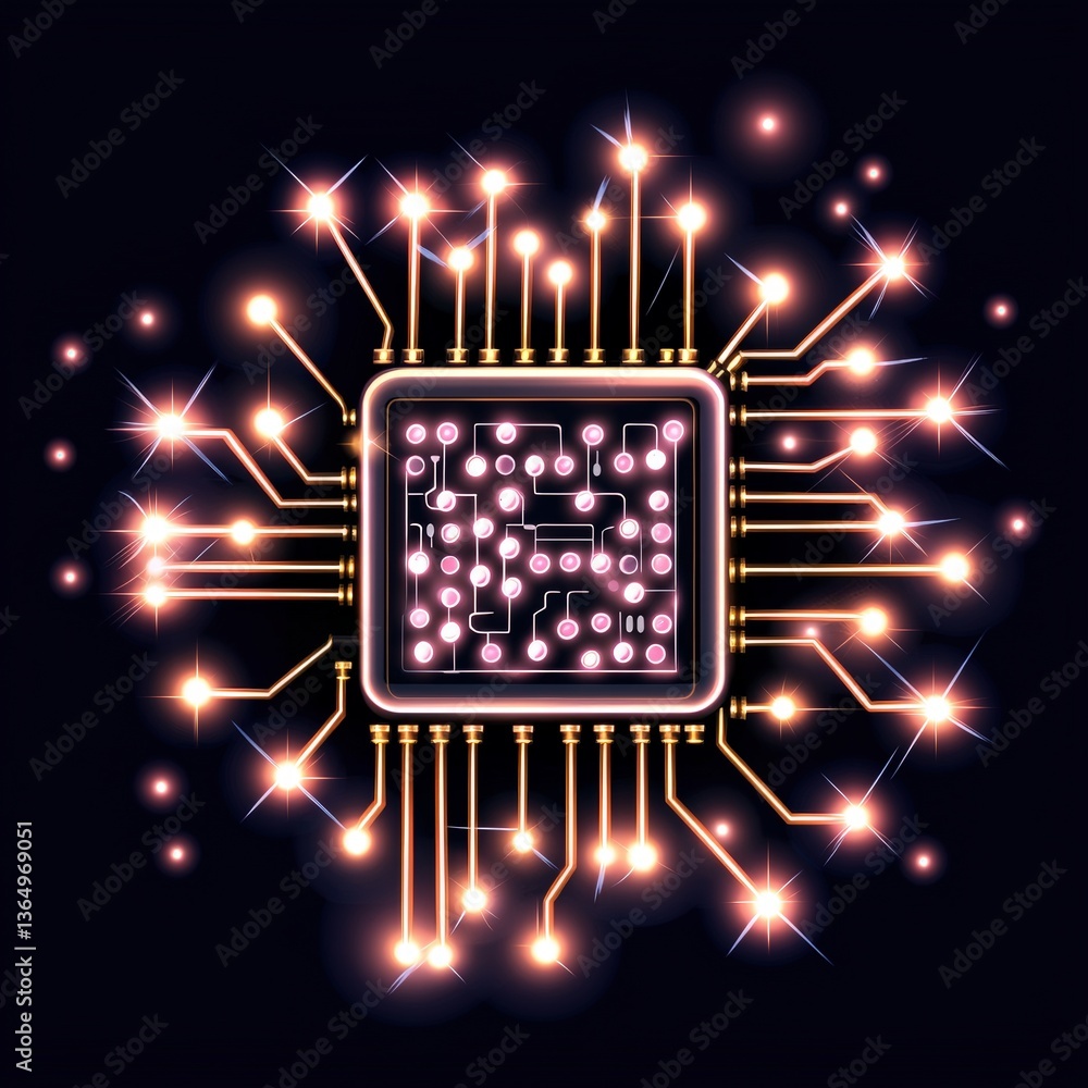 Poster glowing circuit board with intricate patterns and illuminated components in a dark environment