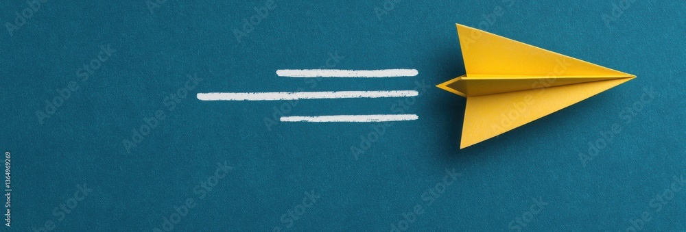 Poster paper airplane in yellow soaring on a blue textured background with white motion lines indicating sp