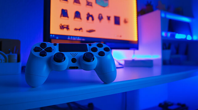 A stylish gaming controller sits on a brightly lit desk, surrounded by neon hues of blue and orange.