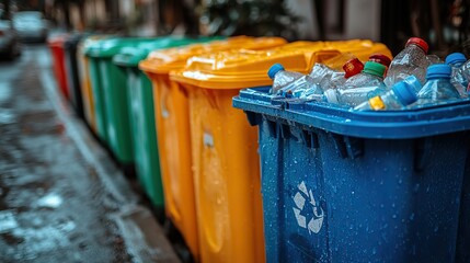 Colorful bins full of plastic bottles stand on a street, promoting eco practices.