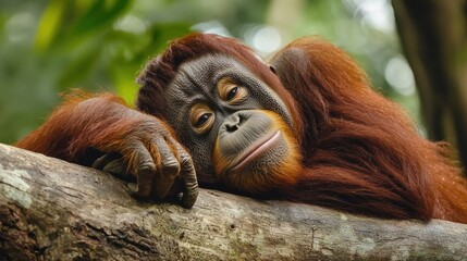 Obraz premium A serene orangutan resting on a tree branch, displaying its expressive features amidst a lush green background.