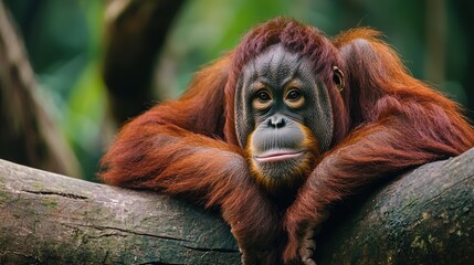 Obraz premium A close-up of an orangutan resting on a branch, showcasing its expressive face and vibrant orange fur in a lush, green environment.