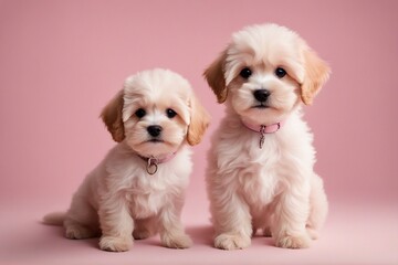 Obraz premium Adorable Puppy Posing Playfully Against a Soft Light Pink Background, Generative AI