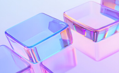 3d glass holographic transparent square plate shapes on pastel macro background. Abstract geometric blocks with rainbow color gradient, dispersion light render. Digital tech banner. 3D illustration