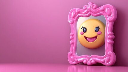 Happy emoticon reflected in a pink ornate mirror