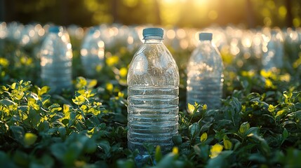 Crumpled plastic bottles and packaging waste highlight pollution, emphasizing recycling.