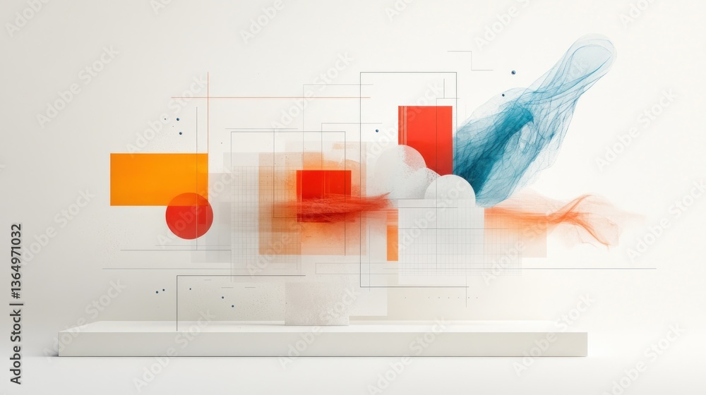 Poster abstract shapes and flowing forms on a minimalist platform