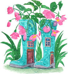 Whimsical watercolor illustration of two blue rain boots repurposed as a tiny fantasy house, with blooming pink flowers and lush green grass