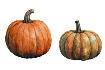 Two pumpkins, one large and one small, painted in watercolor