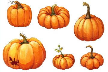 Orange pumpkins in various orientations, detailed illustration