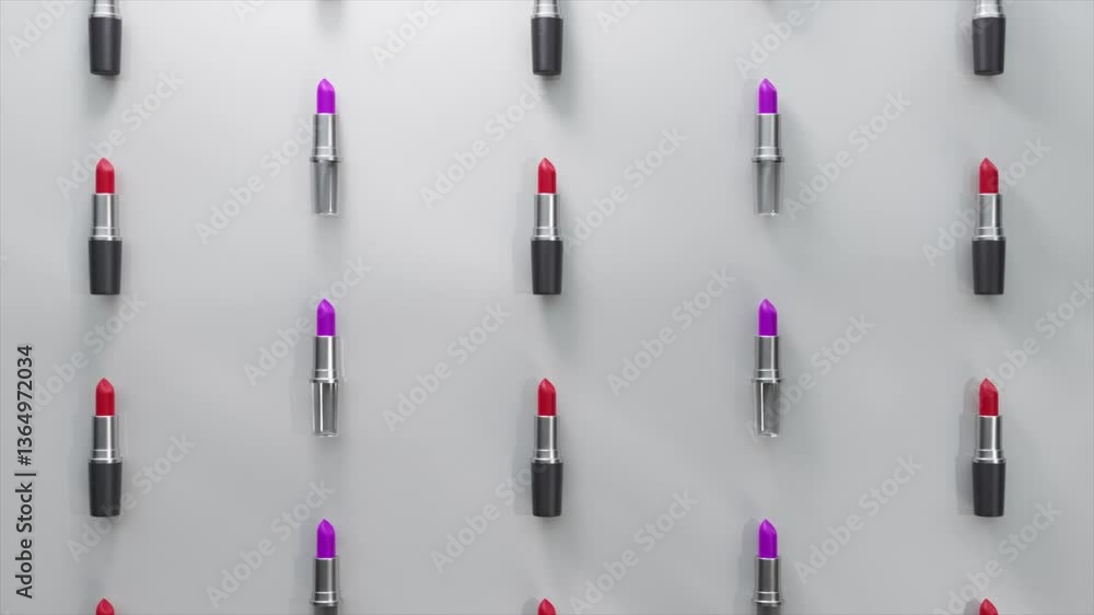 Poster pattern of lipsticks arranged on a white background, with a single purple lipstick moving through th