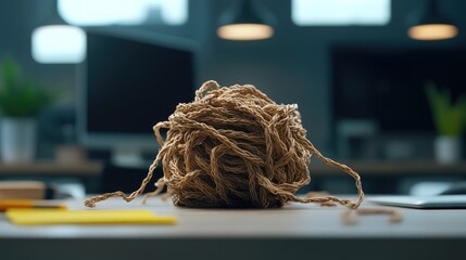 Tangled ball of twine sits on a desk in a blurred office background