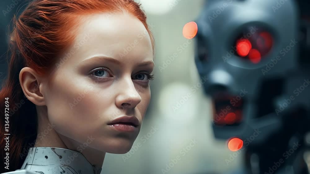 Poster portrait of a woman symbolically turning into virtual human, virtual character, or digital clone, us