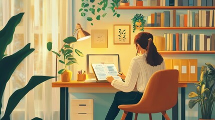 Fototapeta premium A woman sitting at a desk in a cozy office corner, writing in a notebook and reviewing documents. 