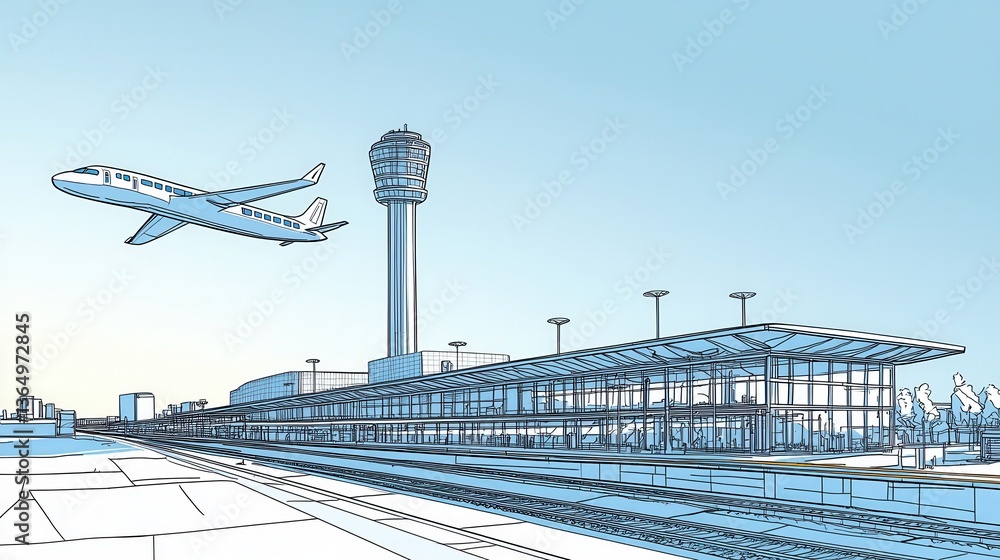 Poster airport congestion solutions integrating high-speed rail efficiency symbolizing streamlined travel