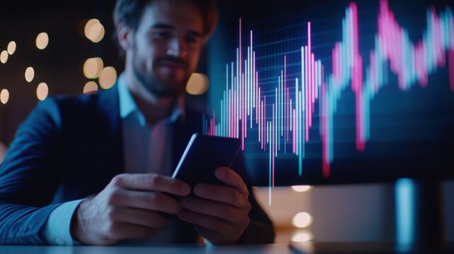 Bearded business man financial analyst reviewing stock market data on multiple screens, working late at modern office with mobile smartphone and laptop