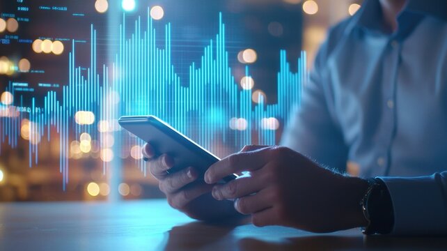 Bearded businessman financial analyst reviewing stock market data on multiple screens, working late at modern office with mobile smartphone and laptop