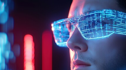 Software engineer innovation wearing man glasses, analyzing glowing data visualization with intense concentration near high tech display human-AI integration