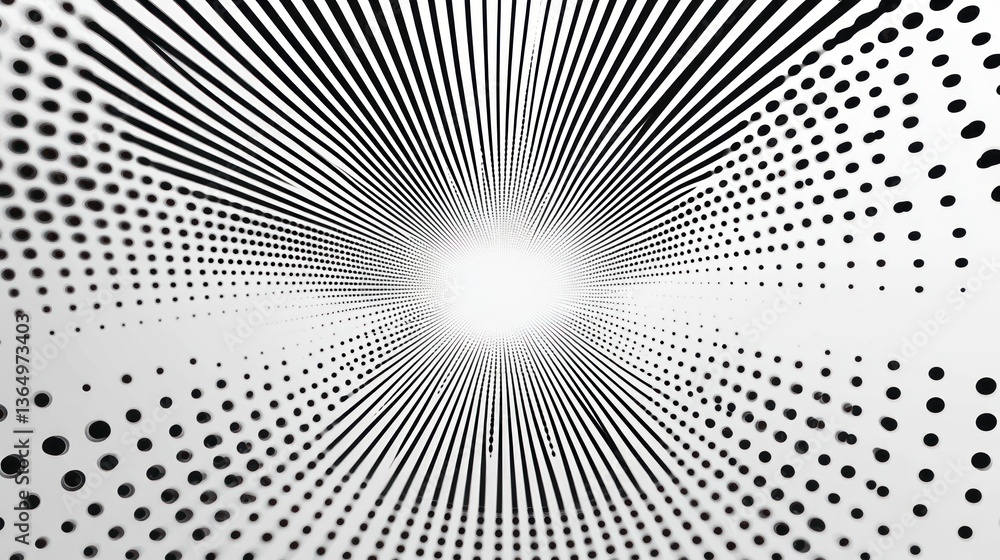 Poster hypnotic monochrome background featuring radiating lines and dotted patterns drawing the eye towards