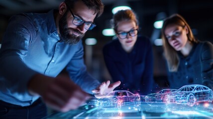 Automotive engineers designing futuristic car using augmented reality interface 3D model of an electric car