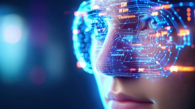 Software engineer innovation wearing woman glasses, analyzing glowing data visualization with intense concentration near high tech display human-AI integration