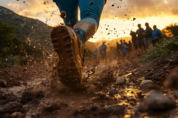 Close-up a trail runner is running towards the finish line.
